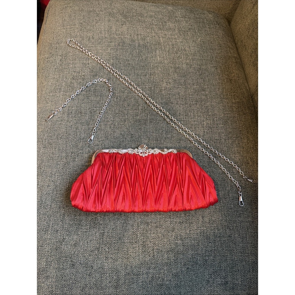 Red Satin Evening Clutch Rhinestone Formal Purse w/ Long & Short Chain Straps